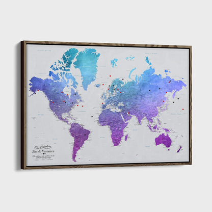 Canvas - Vibrant Violet Watercolor World Travel Map with pins