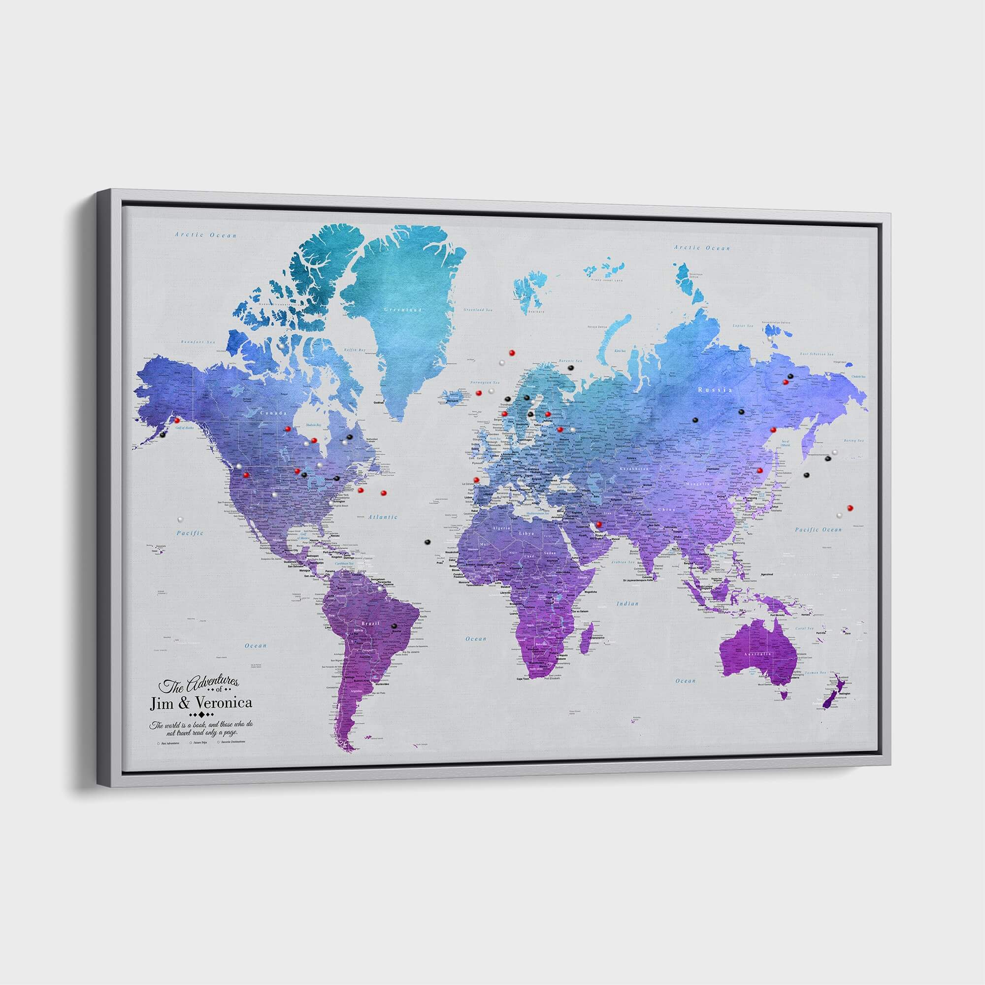 Canvas - Vibrant Violet Watercolor World Travel Map with pins