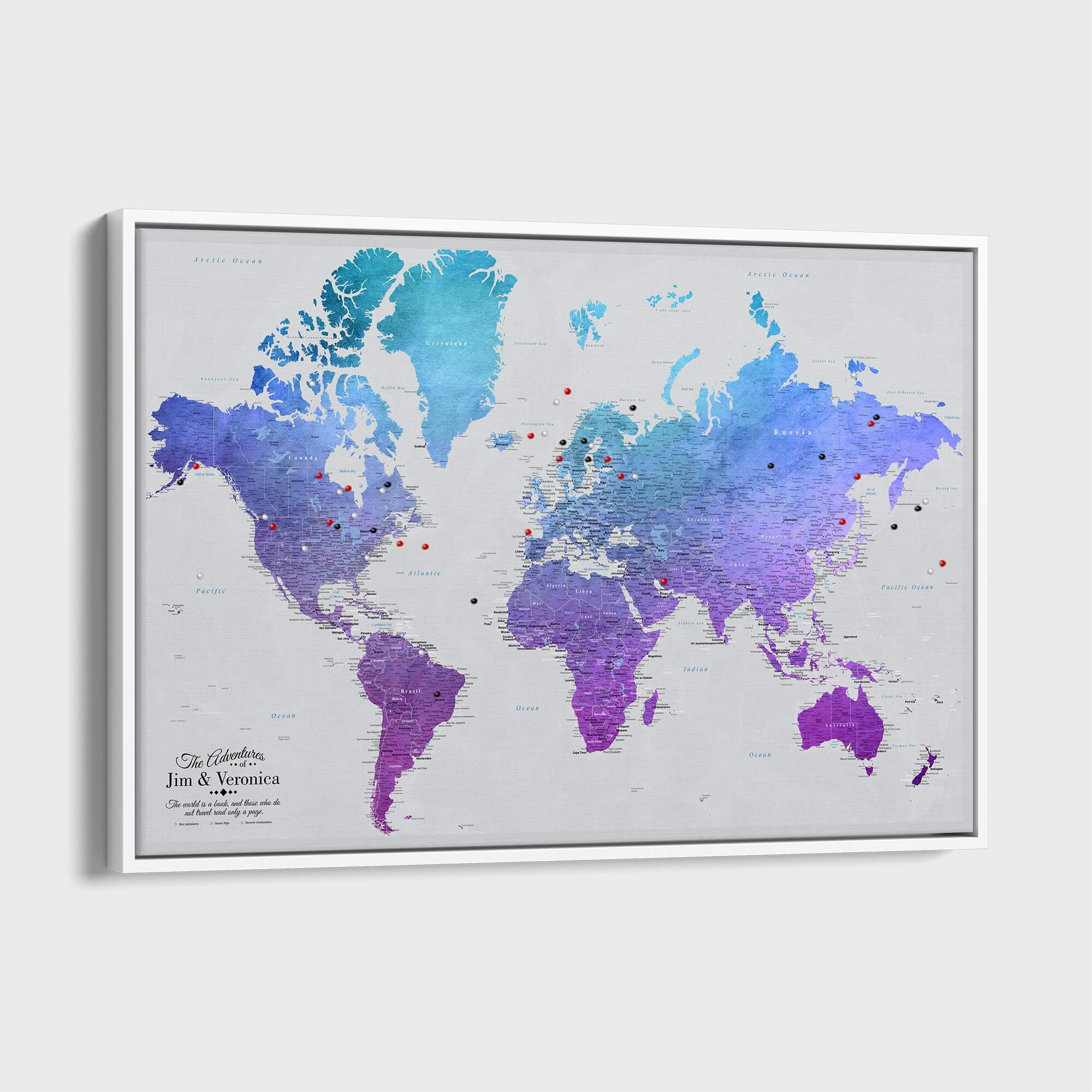 Canvas - Vibrant Violet Watercolor World Travel Map with pins