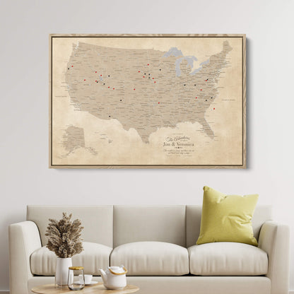 Canvas - Vintage USA Push Pin Travel Map with pins