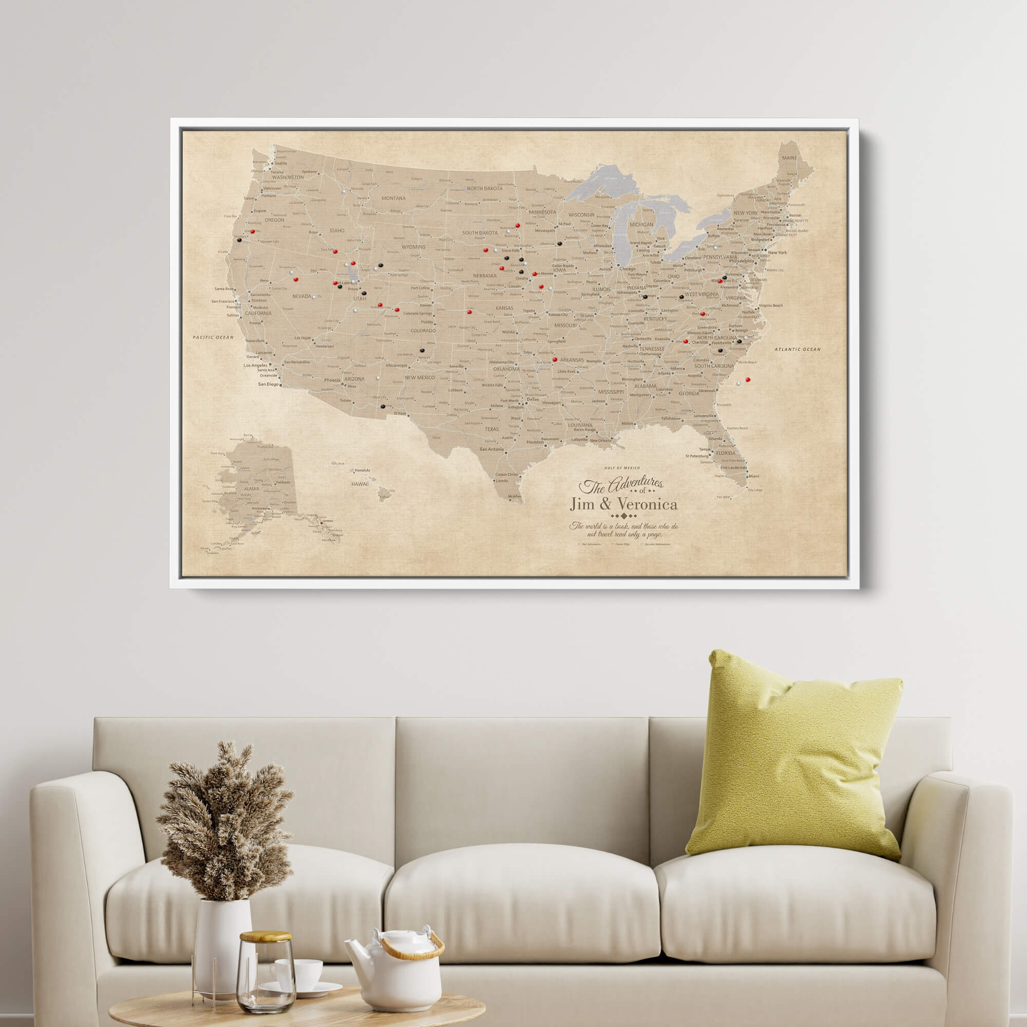 Canvas - Vintage USA Push Pin Travel Map with pins