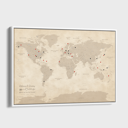 Canvas - Vintage World Push Pin Travel Map with pins