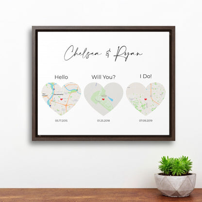 3 Heart Map Art | Where We Met Map | Hello, Will You, I Do | Option 1