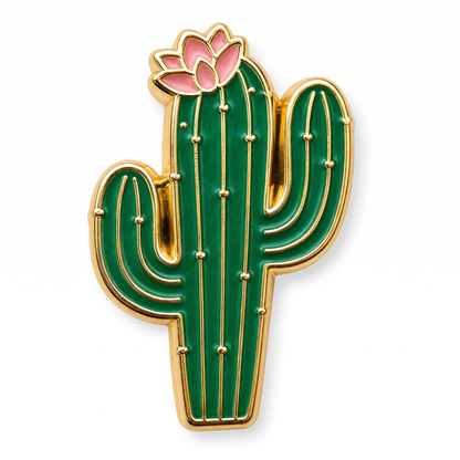 Cactus enamel pin - green soft enamel cactus push pin and lapel pin with pink flower and gold detail