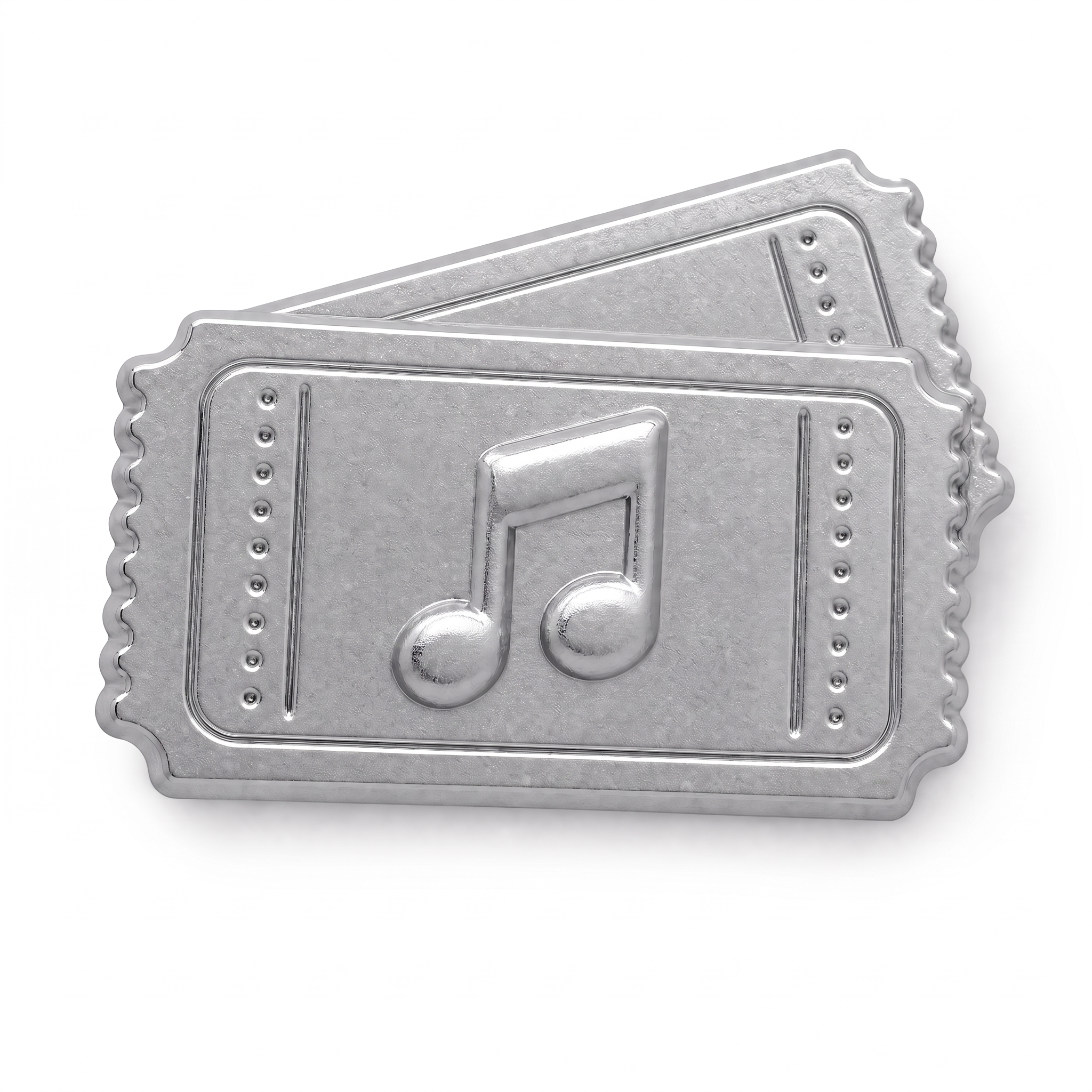 Two silver 3D metal concert ticket push pins with embossed music note and perforated edges
