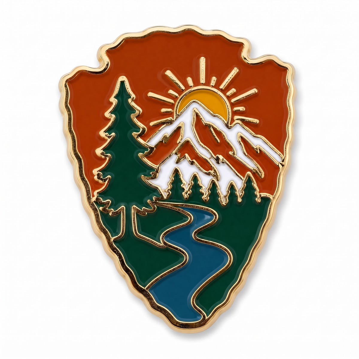 National park pin - arrowhead enamel push pin and lapel pin with mountain, forest and river design