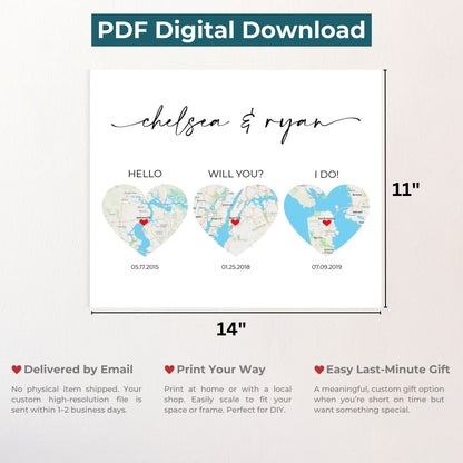 3 Heart Map Art | Where We Met Map | Hello, Will You, I Do | Option 1
