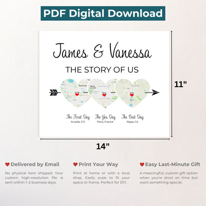 The Story of Us Map | Personalized Relationship Wall Decor | Option 3