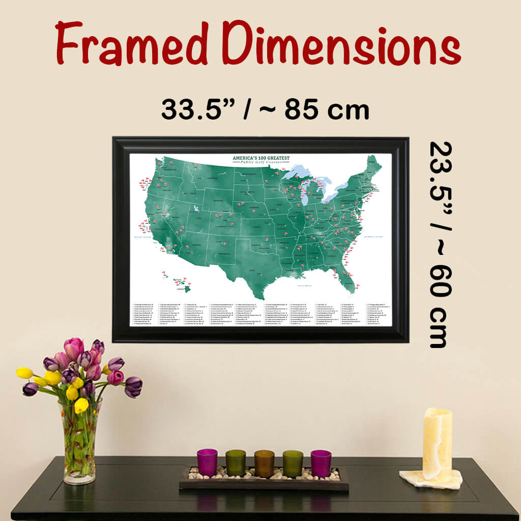 Framed Outer Dimensions of Top 100 Public Golf Courses Map with Pins