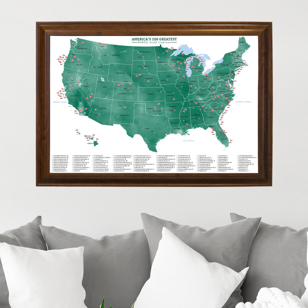 Canvas Golf Push Pin Map in Brown Frame - Top 100 Public Golf Courses in the USA