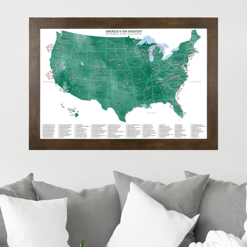 Framed Canvas Golfers Map of 100 Public USA Courses with Pins in Rustic Brown Frame
