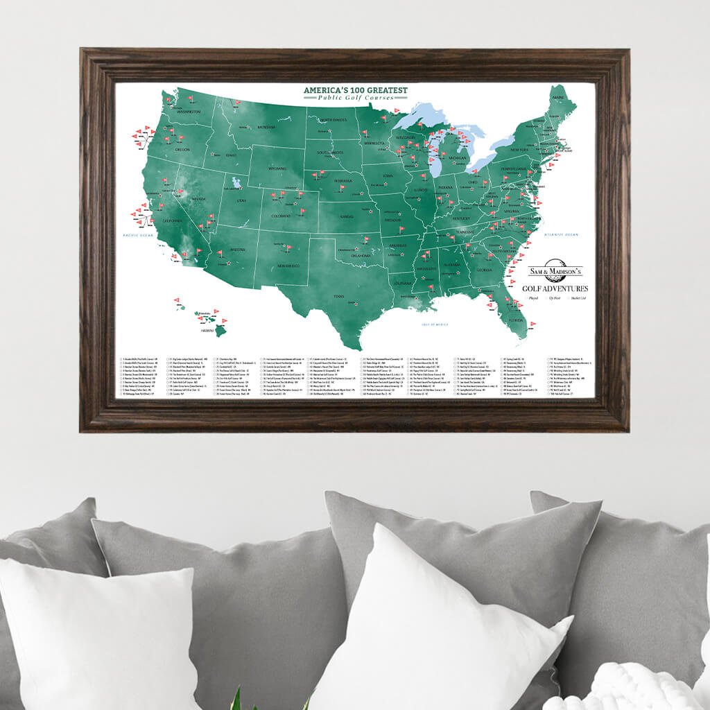 Canvas 100 Public Golf Courses Pin Map in Solid Wood Brown Frame