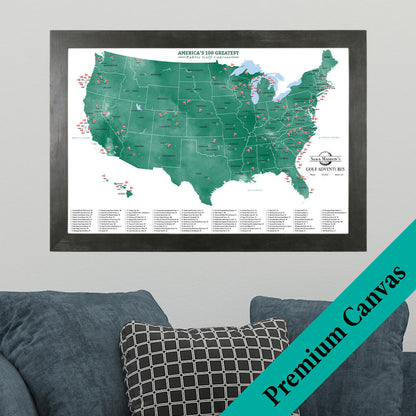 Top Public US Golf Courses Framed Canvas Map with Pins