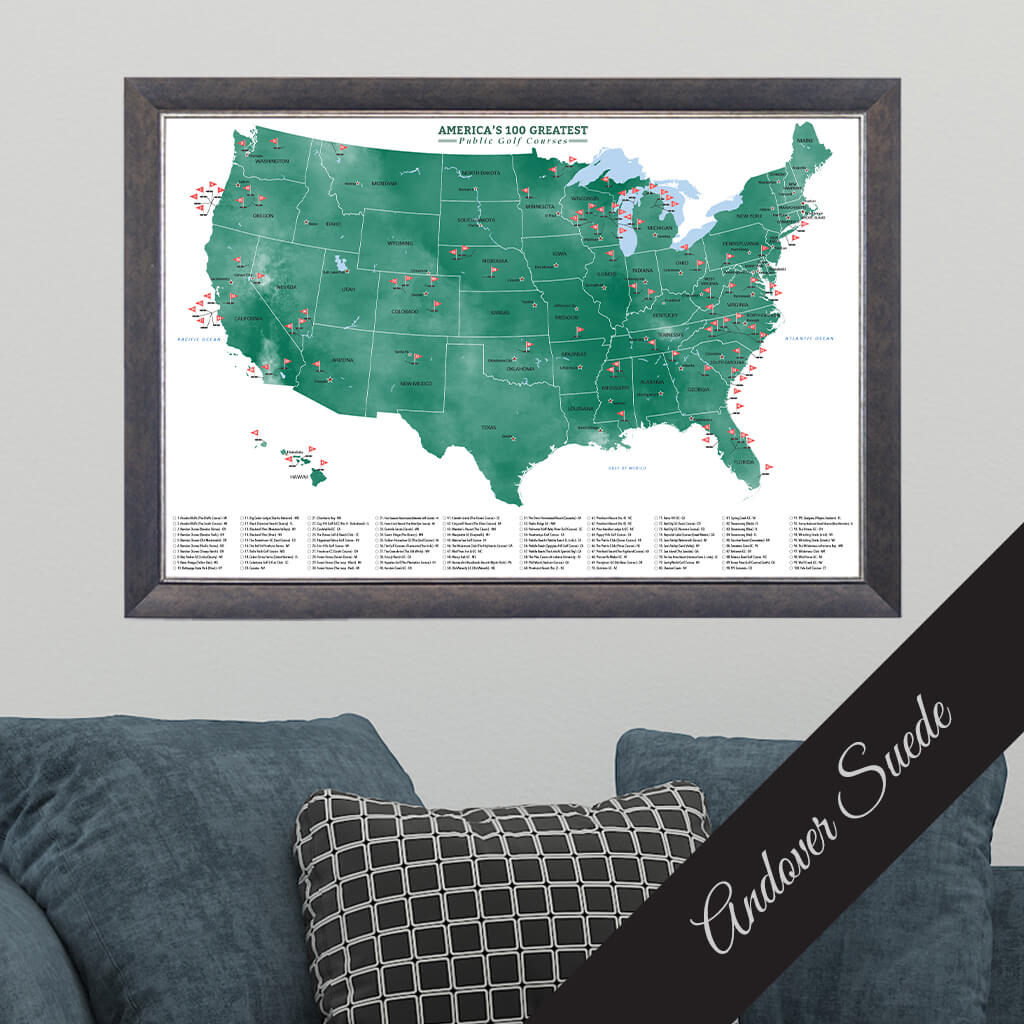 Canvas 100 Public Golf Couses Push Pin Travel Map in Premium Andover Suede Frame