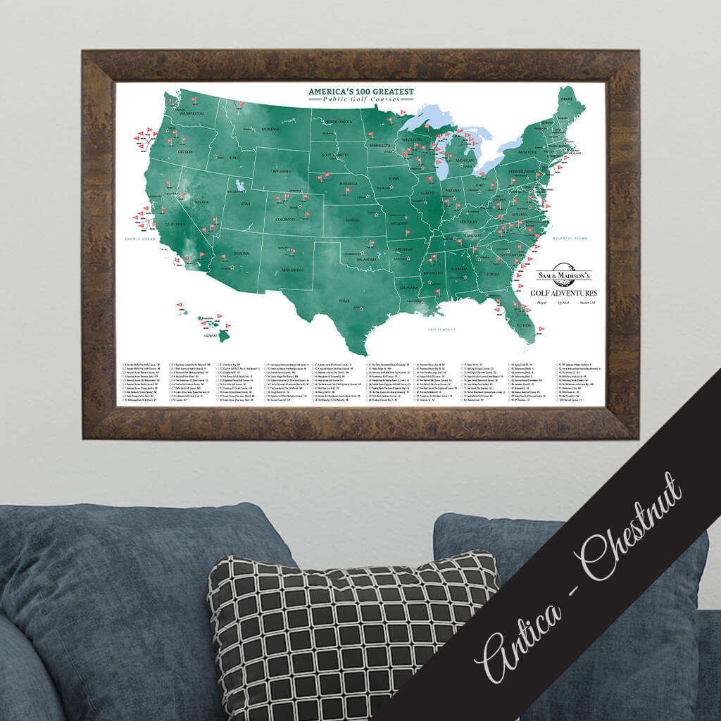 Canvas Top 100 Public US Golf Courses Push Pin Travel Map in Premium Antica Chestnut Frame