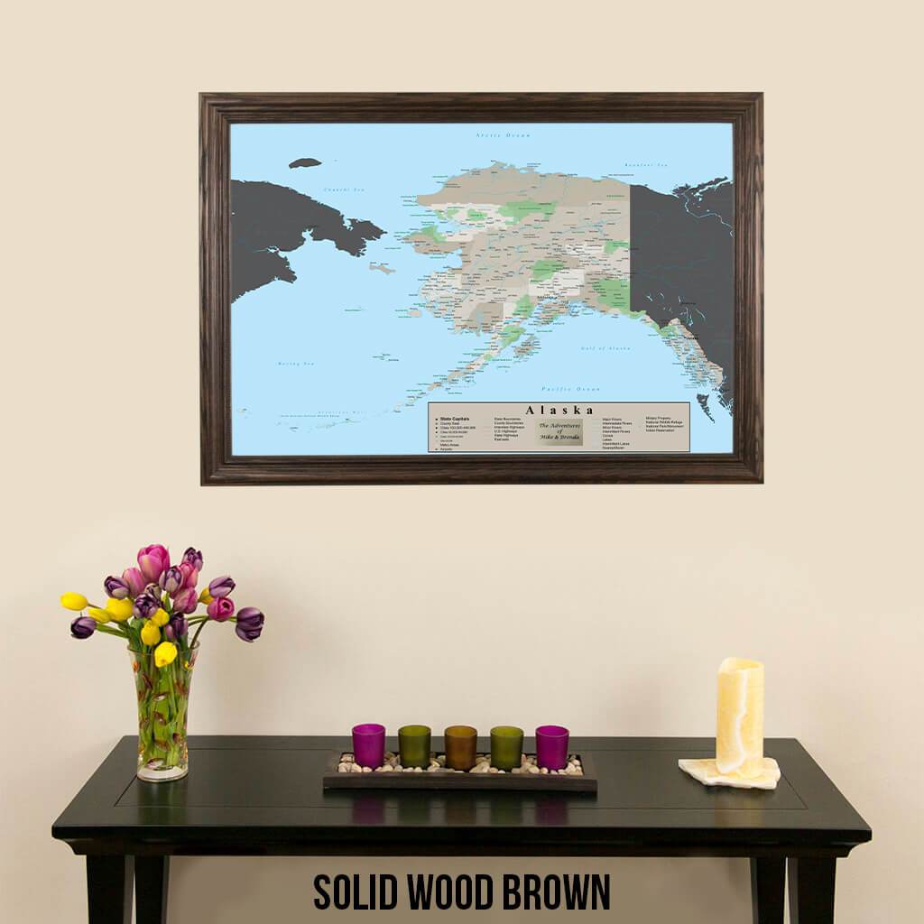 Earth Toned Alaska State Map Solid Wood Brown Frame