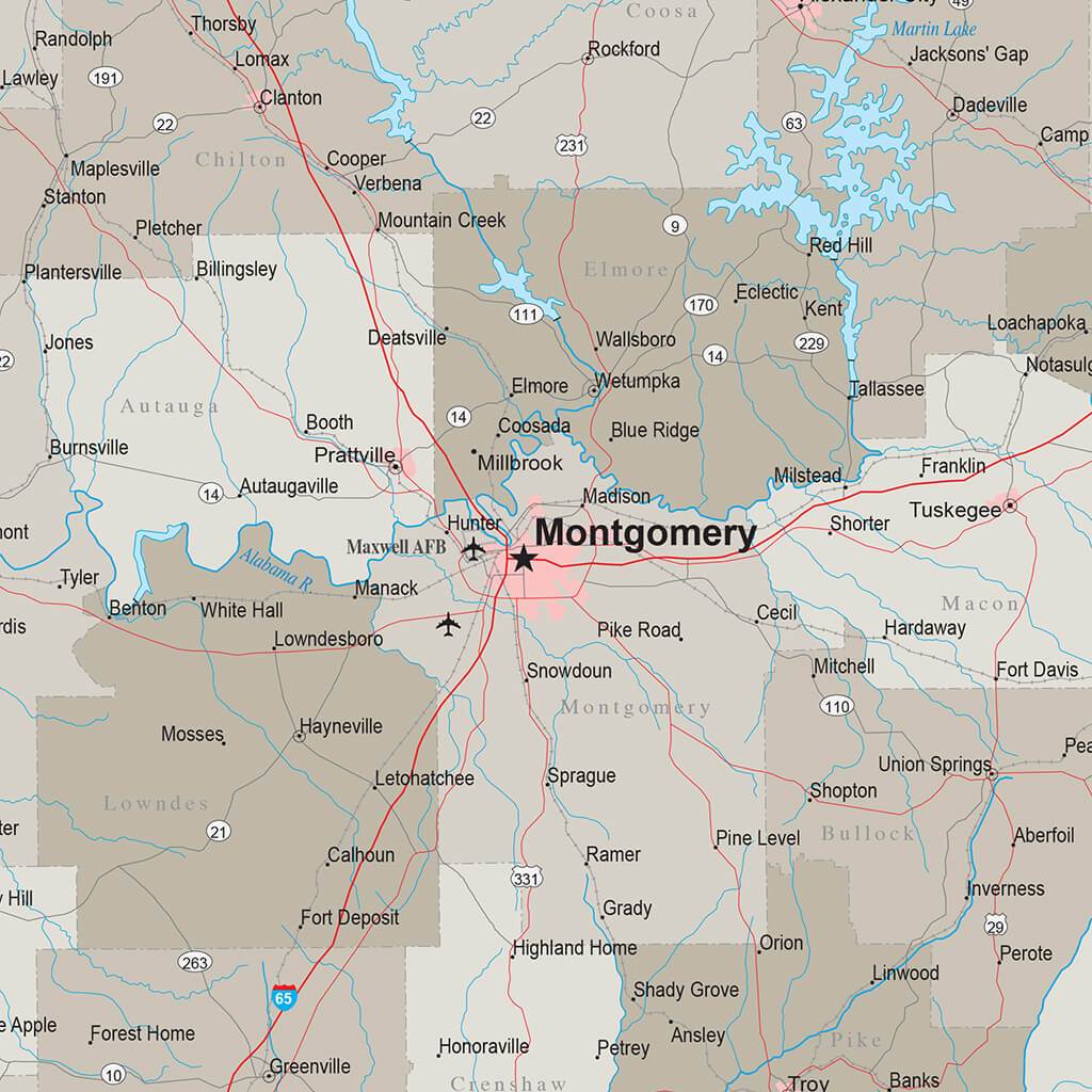 Earth Toned Alabama State Pin Map closeup