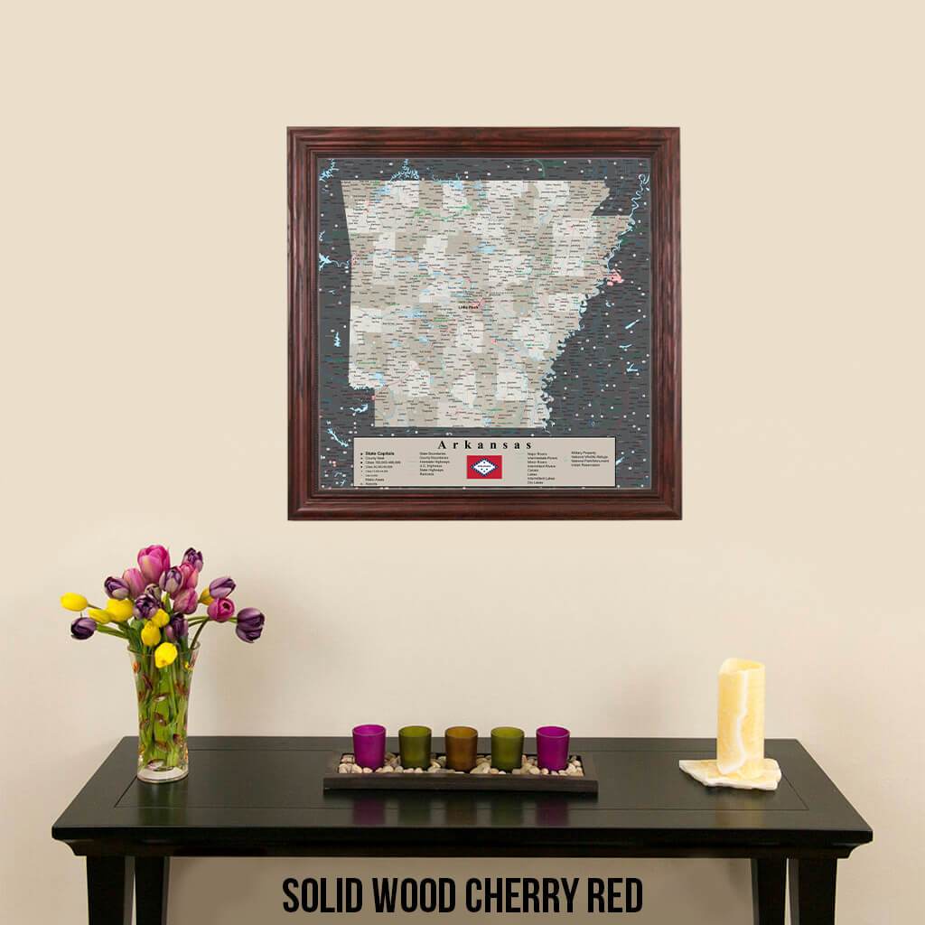 Pin Map of Arkansas in Solid Wood Cherry Red Frame