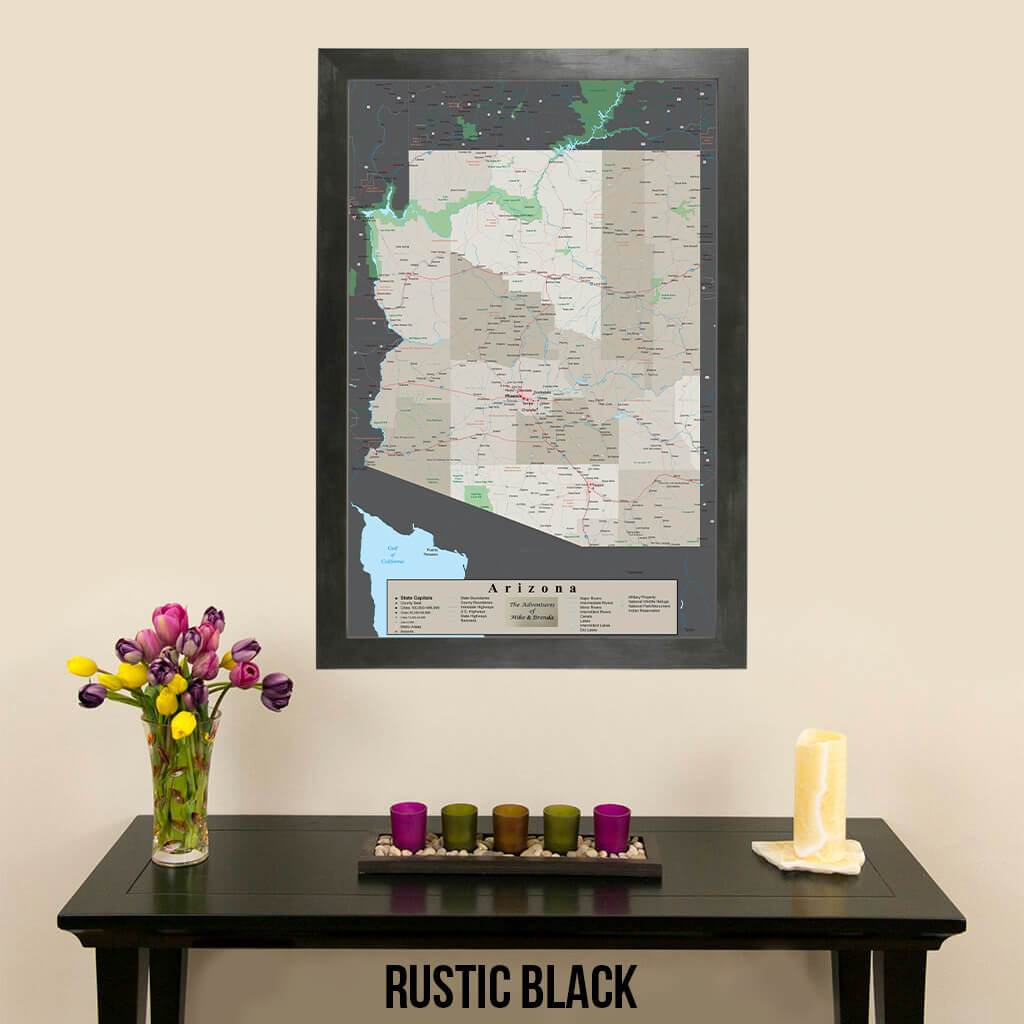 Earth Toned Arizona State Map Rustic Black Frame