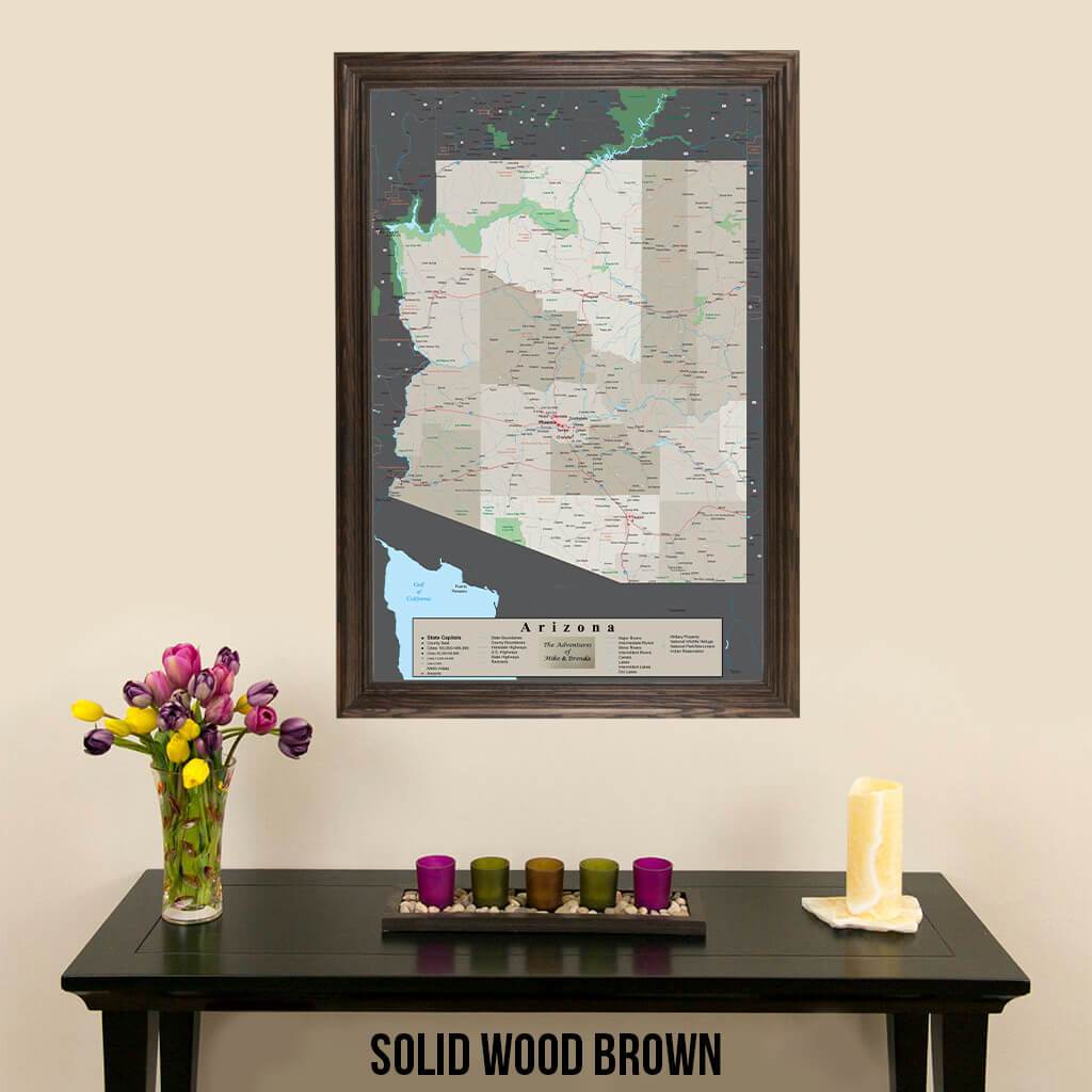 Earth Toned Arizona State Map Solid Wood Brown Frame