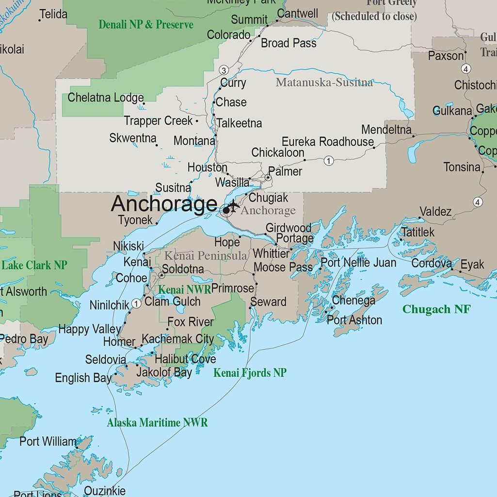 Earth Toned Alaska State Map Closeup