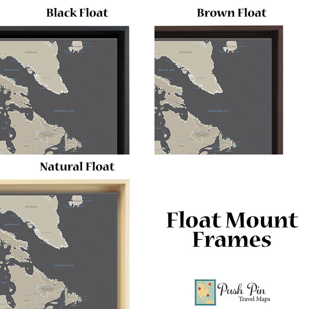 Float Frame Options for Earth Toned North America Gallery Wrapped Canvas Travel Map