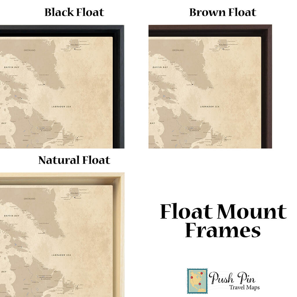 Float Frame Options for Vintage Gallery Wrapped Canvas North America Map in 24&quot;x 24&quot; Size