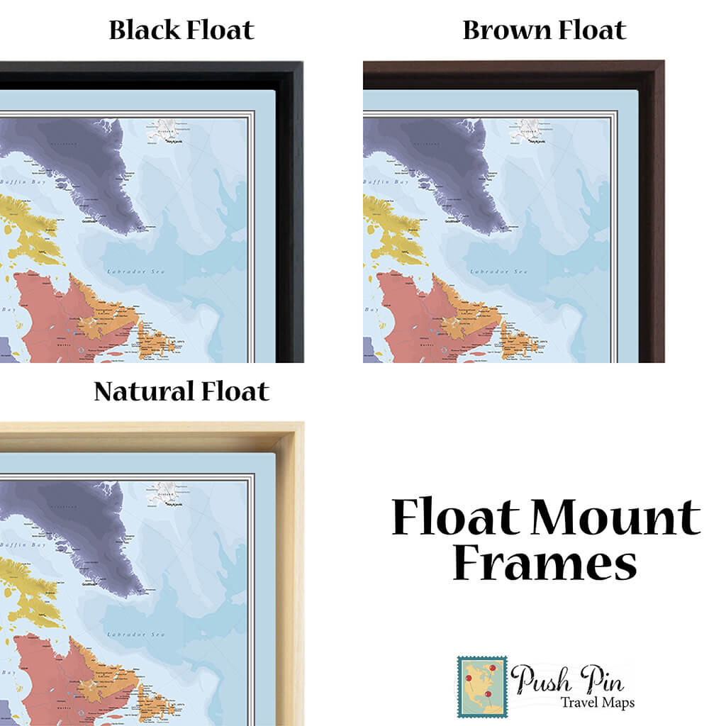 Real Wood Float Frame Options for Gallery Wrapped Blue Oceans North America Push Pin Travel Map