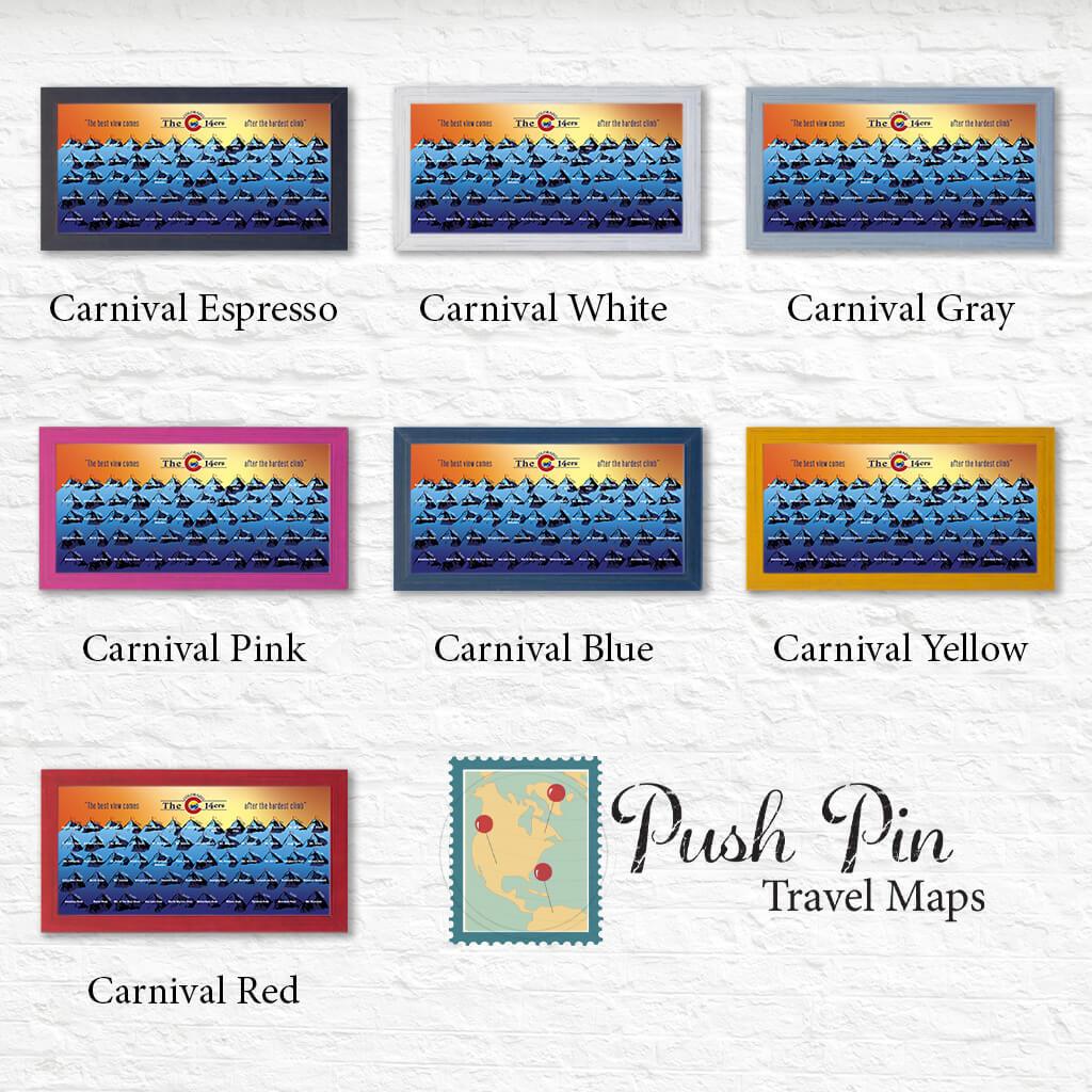 Blue and Orange CO 14ers Bucket List in Premium Carnival Frame Options