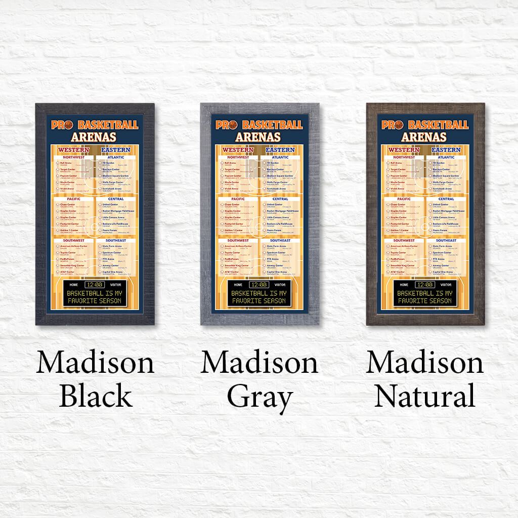 Pro Basketball Arena Bucket List Pinboard Shown in Premium Madison Frames