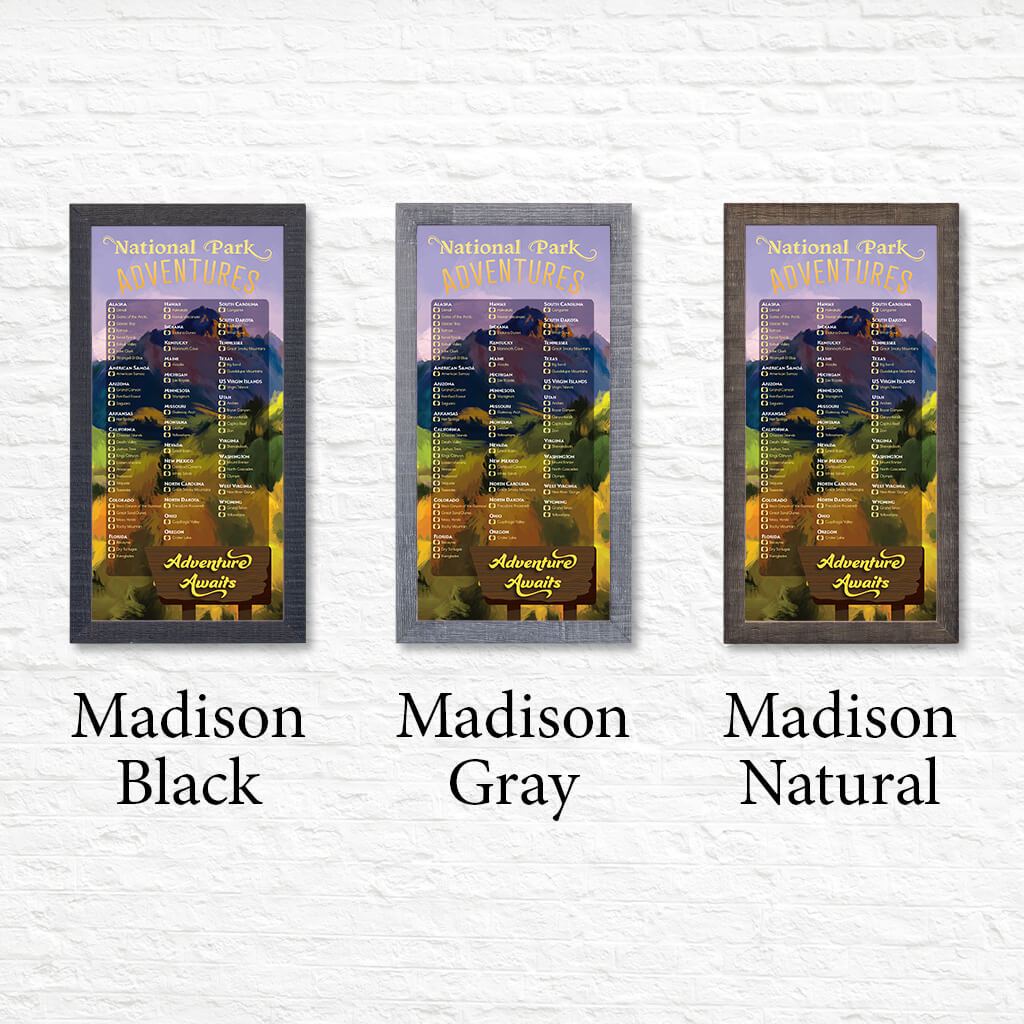 US National Parks Bucket List Pin Board Shown in Premium Madison Frames