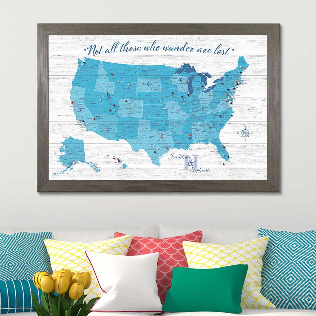 Light Blue Canvas USA Anniversary Map in Barnwood Gray Frame
