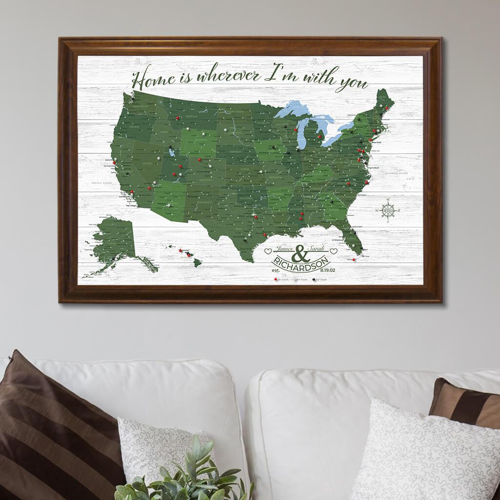 Green Canvas USA Anniversary Map in Brown Frame