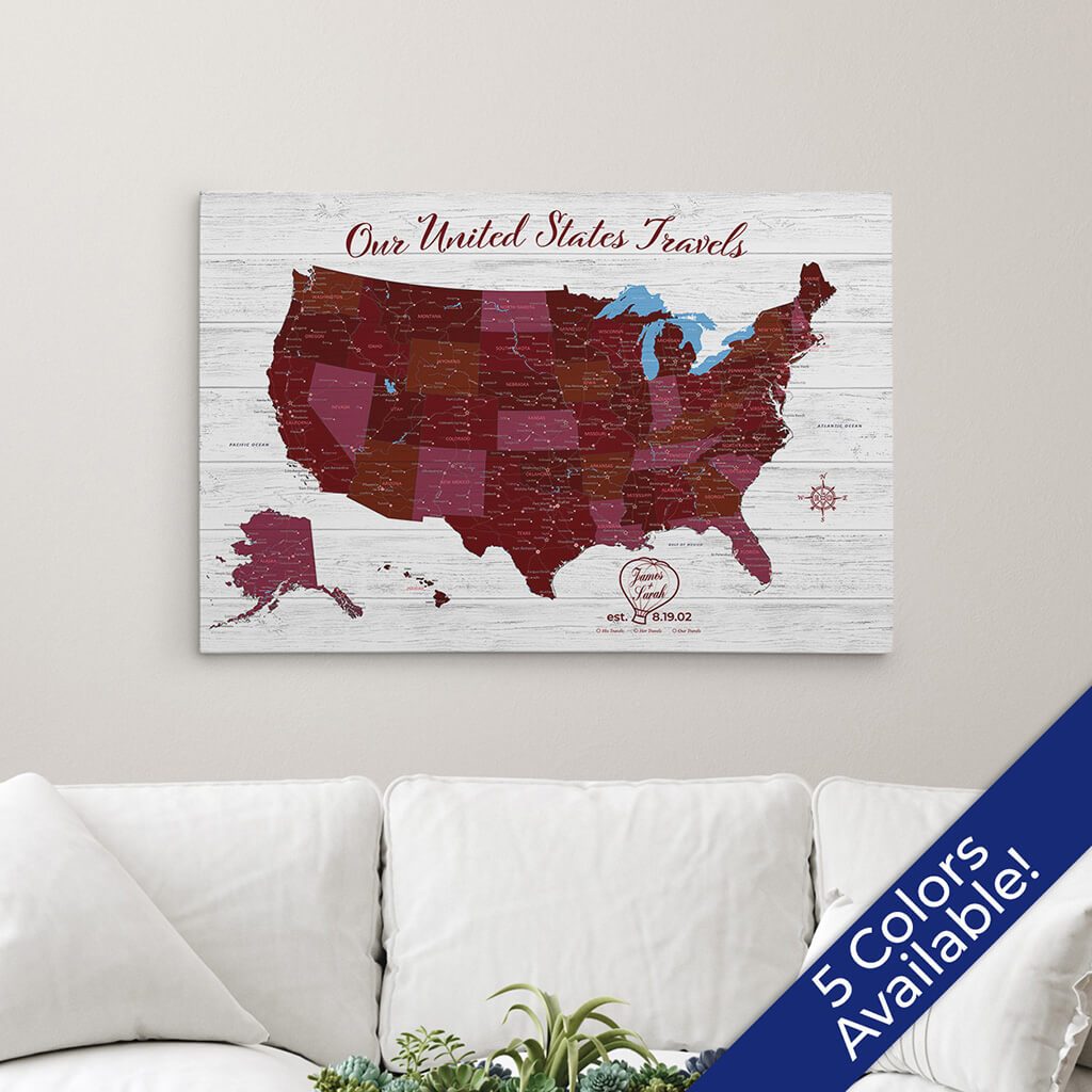 Anniversary US Push Pin Stretched Canvas Map with Photo Personalization in Red