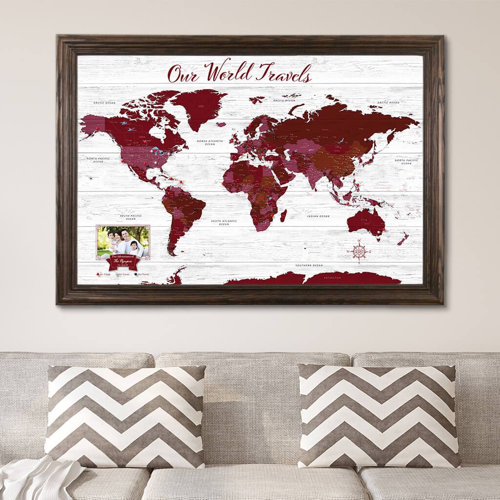 Red Anniversary Map in Solid Wood Brown Frame with photo personlization