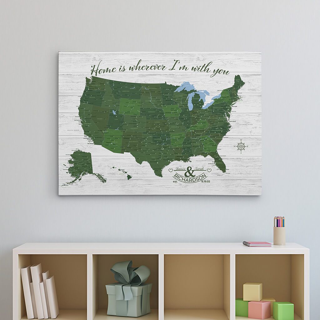 Anniversary US Push Pin Stretched Canvas Map in Green