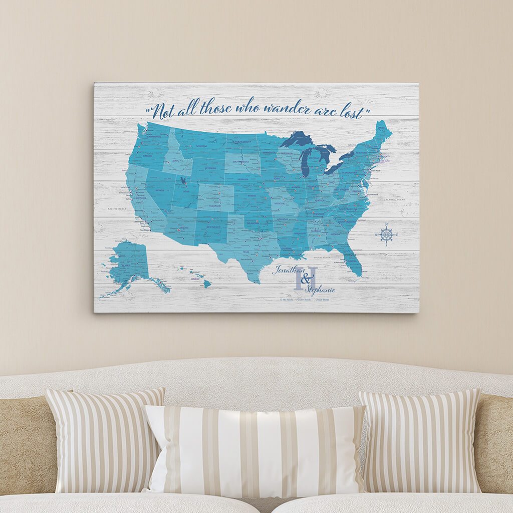 Anniversary US Push Pin Stretched Canvas Map in Light Blue