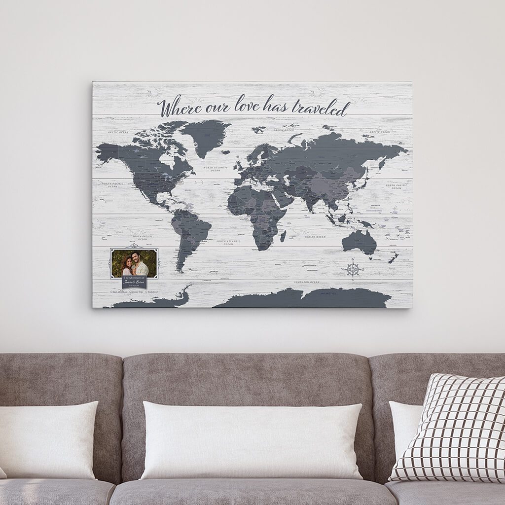 Gray Gallery Wrapped Anniversary Push Pin Map with Photo Personalization