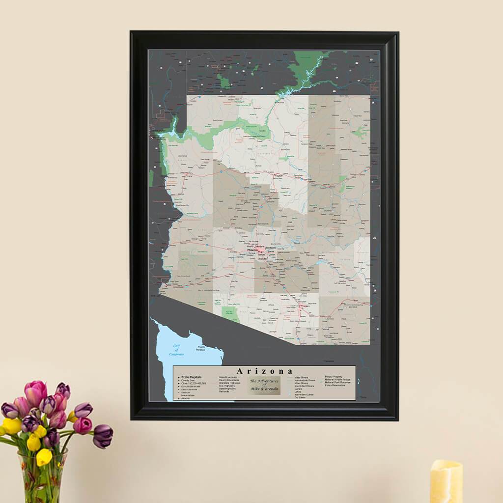 Earth Toned Arizona State Push Pin Map with Pins 