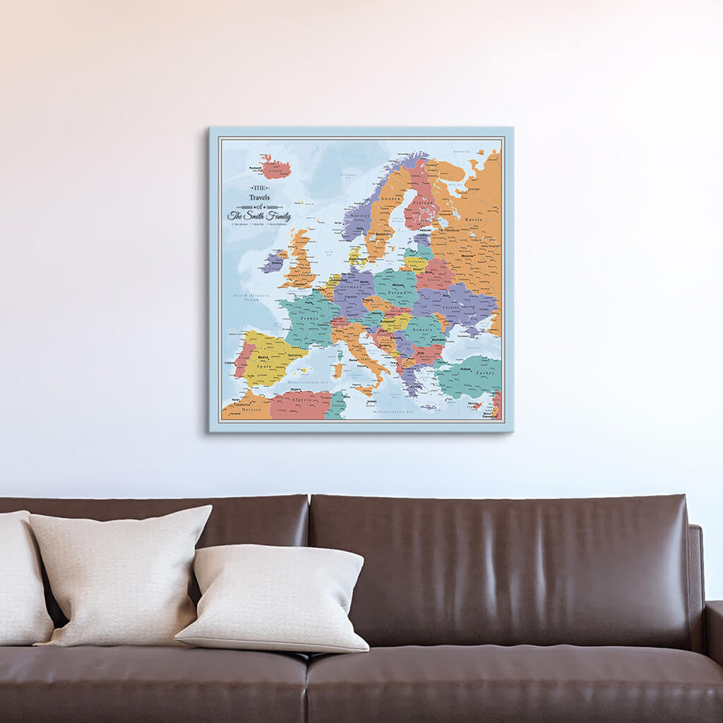 Gallery Wrapped Blue Oceans Europe Map on Canvas with Pins