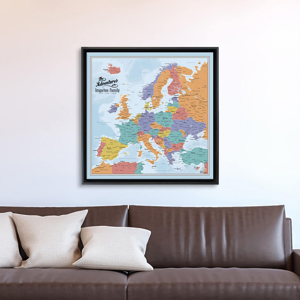 Blue Oceans Europe Gallery Canvas Map in Black Float Frame