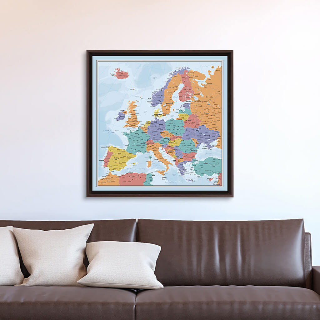 Blue Oceans Europe Gallery Stretched Canvas Wall Map in Brown Float Frame