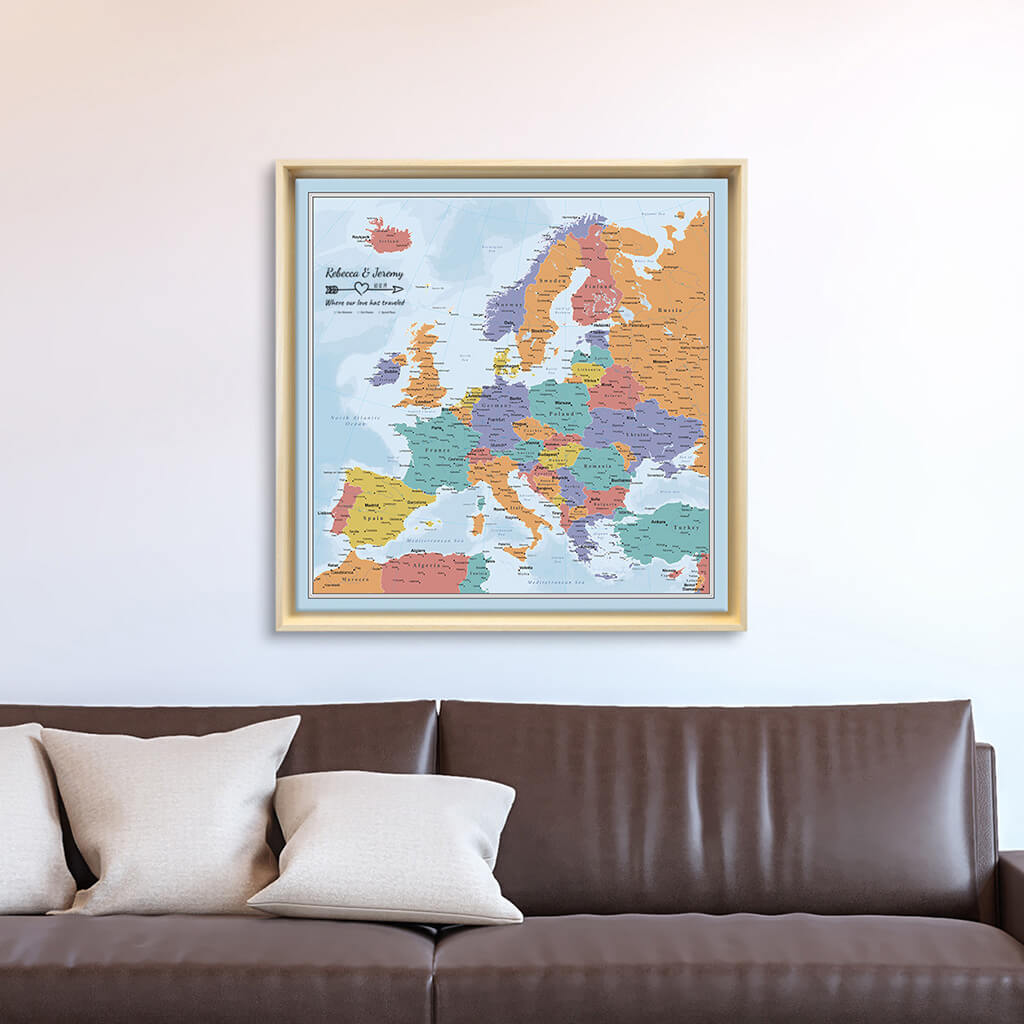 Blue Oceans Europe Gallery Wrapped Canvas Map in Natural Tan Float Frame