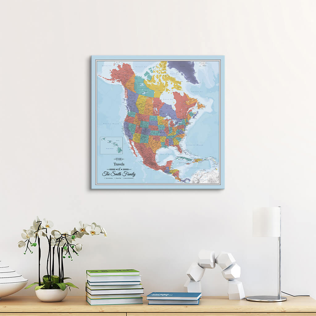 24&quot; x 24&quot; Square Canvas Blue Oceans North America Push Pin Wall Map with Pins