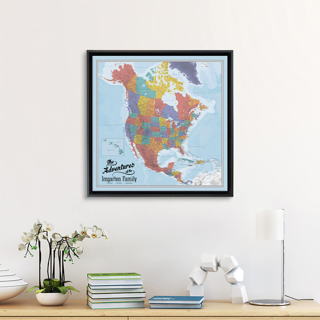 Gallery Wrapped 24"x24" Blue Oceans North America Map in Black Float Frame