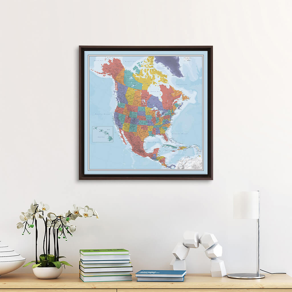 Gallery Wrapped 24&quot;x24&quot; Blue Oceans North America Map in Brown Float Frame
