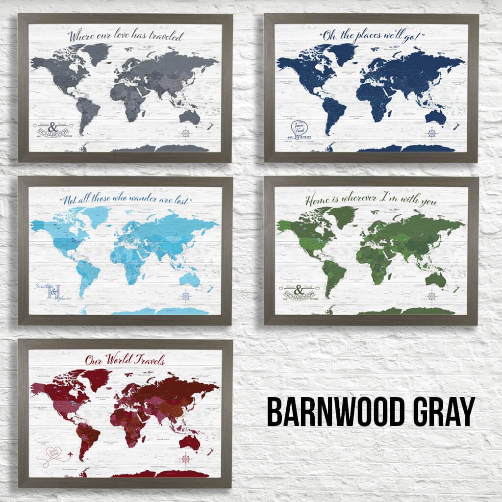 Canvas Anniversary World Map Color Options in Barnwood Gray Frame