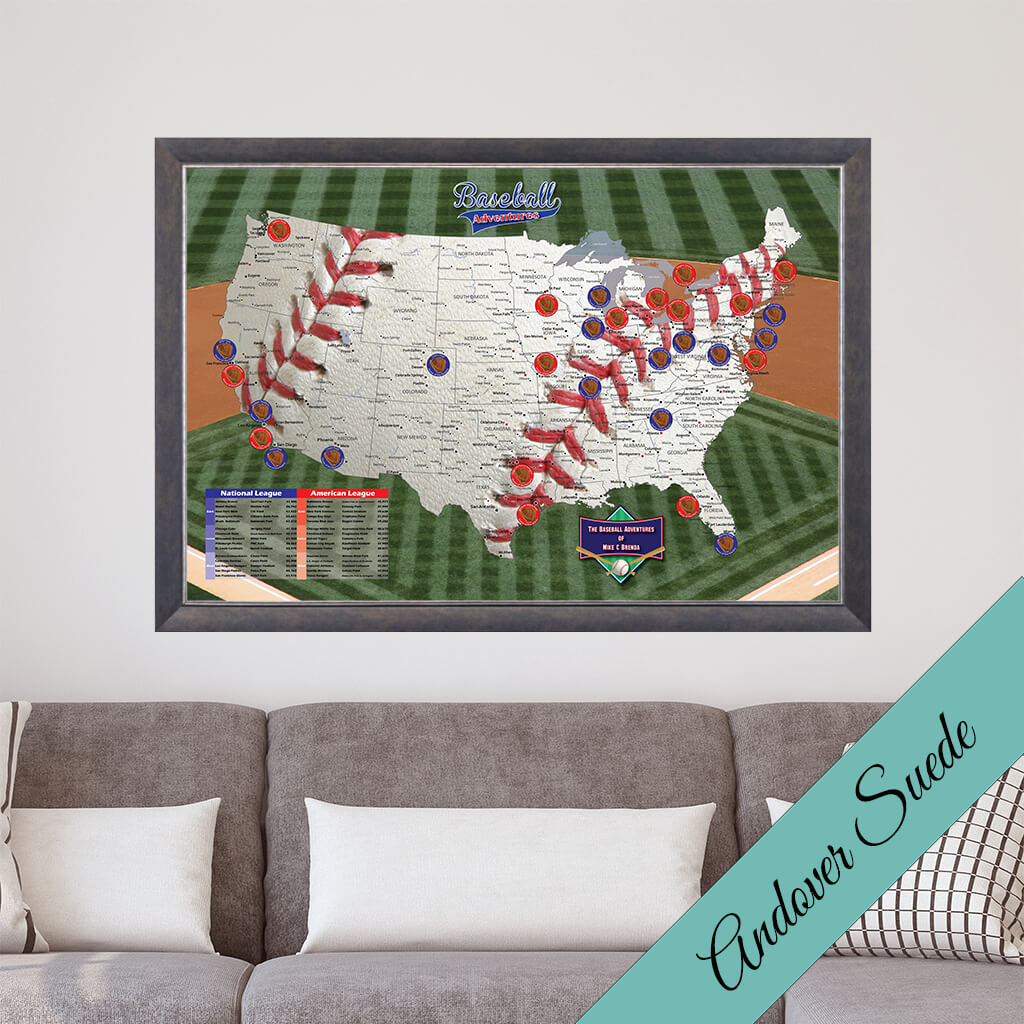 Baseball Adventures Pin Map on Canvas -Premium Andover Suede Frame