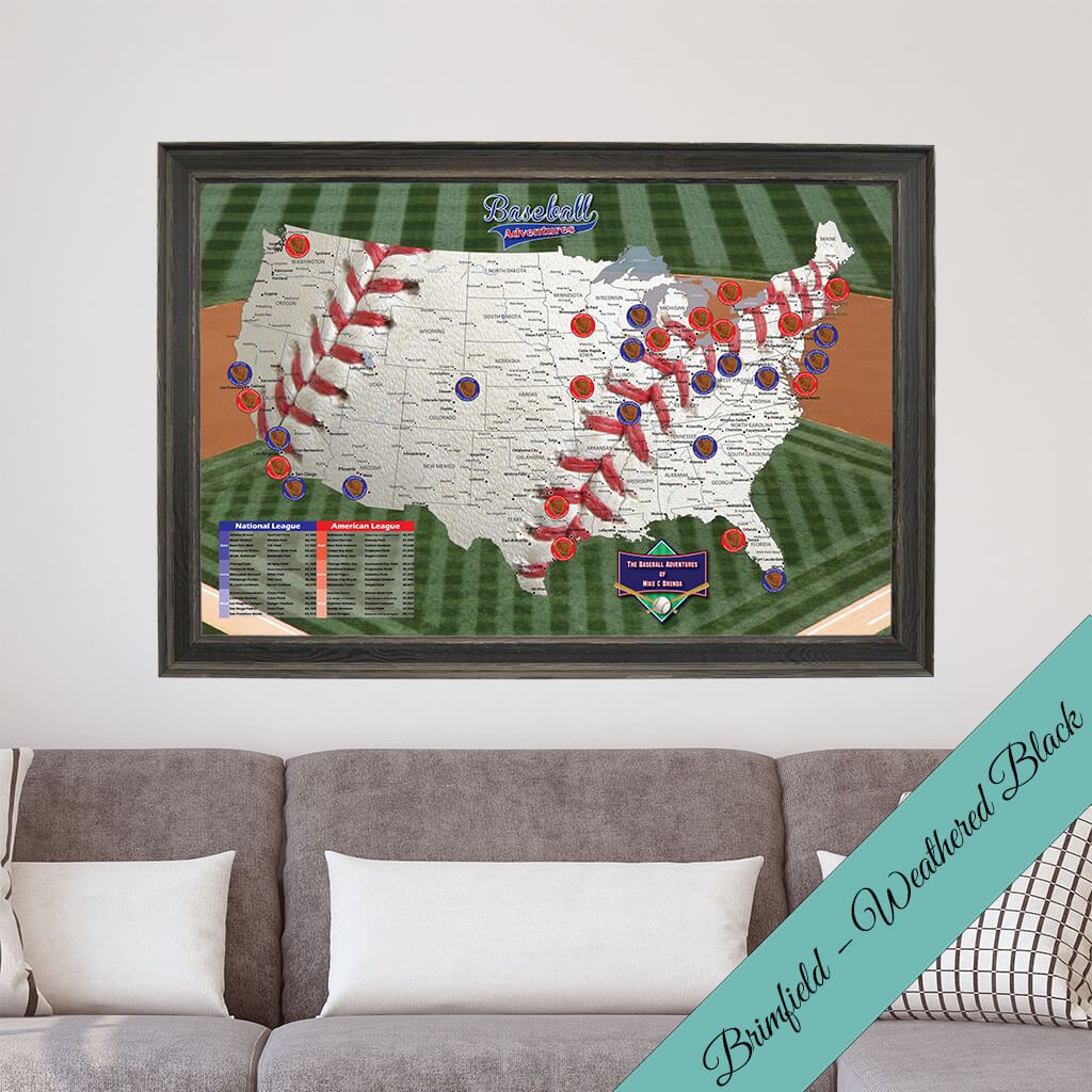 Baseball Adventures Pin Map on Canvas -Premium Brimfield Weathered Black Frame