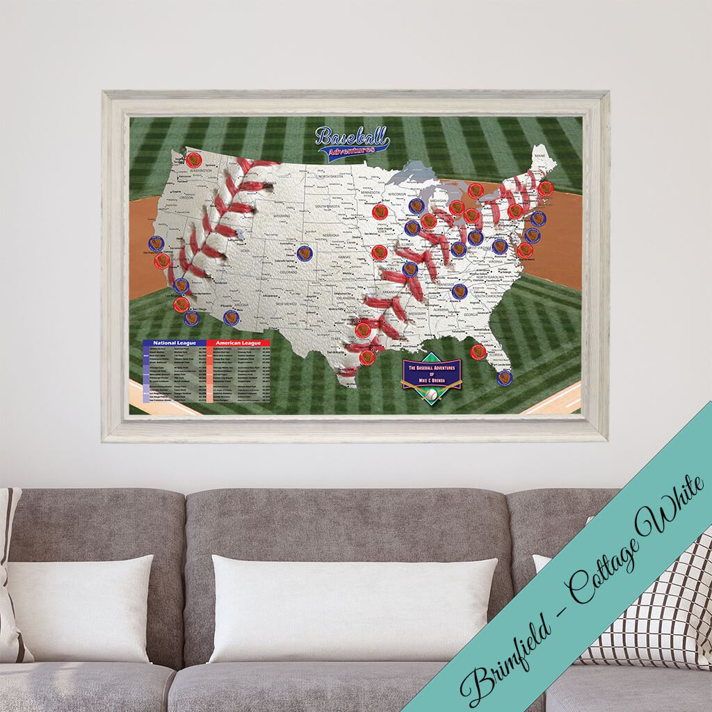 Baseball Adventures Pin Map on Canvas -Premium Brimfield White Frame